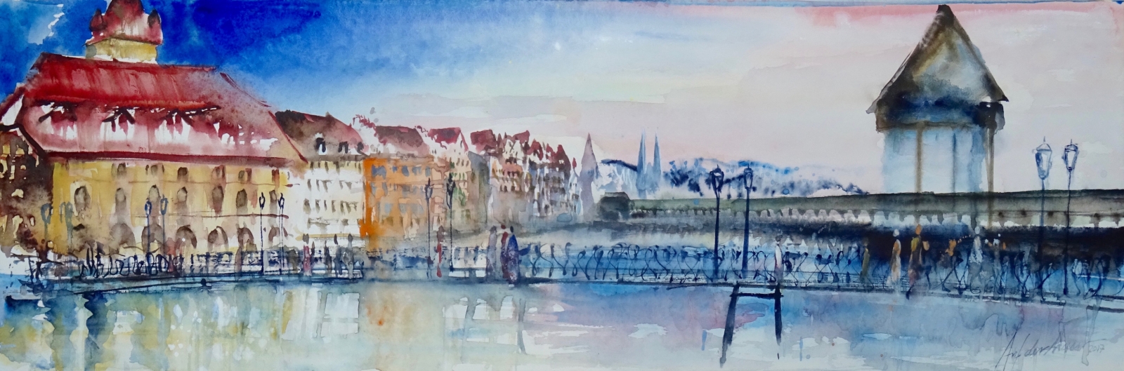 Kapellbrücke und Wasserturm mit Kornschütte und Rathaussteg im Winter