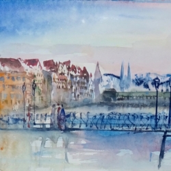 Kapellbrücke und Wasserturm mit Kornschütte und Rathaussteg im Winter